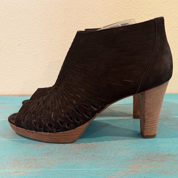 Paul Green Tacey Cutout Black Suede Heel Ankle Boots Booties Peeptoe Sz 6.5 - Picture 4 of 11